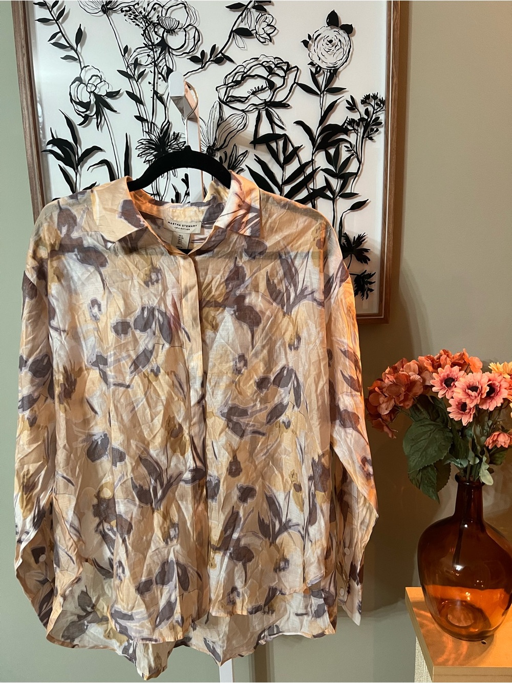 NWT Martha Stewart Collection Neutral Floral Semi Sheer Button Down Blouse Large